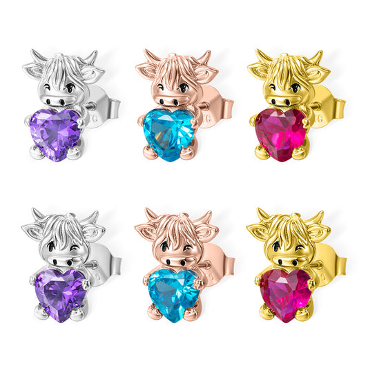 Custom Birthstone Highland Cow Stud Earrings, Sterling Silver 925 Scottish Highland Cow Animal Earrings, Birthday/Anniversary Gift for Women/Girls