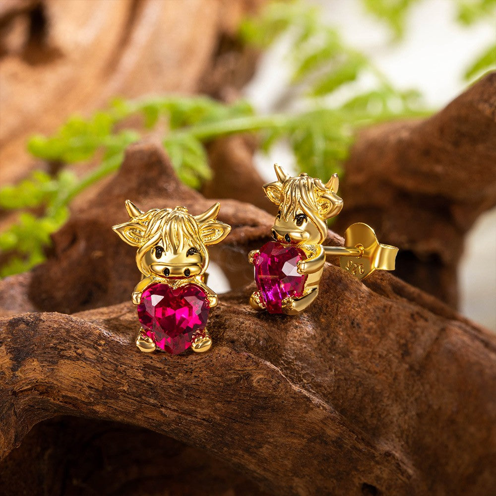 Custom Birthstone Highland Cow Stud Earrings, Sterling Silver 925 Scottish Highland Cow Animal Earrings, Birthday/Anniversary Gift for Women/Girls