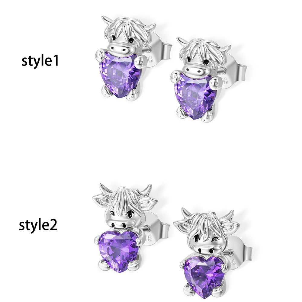 Custom Birthstone Highland Cow Stud Earrings, Sterling Silver 925 Scottish Highland Cow Animal Earrings, Birthday/Anniversary Gift for Women/Girls
