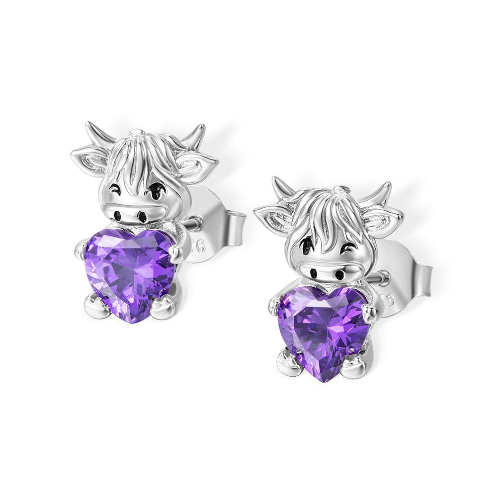 Custom Birthstone Highland Cow Stud Earrings, Sterling Silver 925 Scottish Highland Cow Animal Earrings, Birthday/Anniversary Gift for Women/Girls