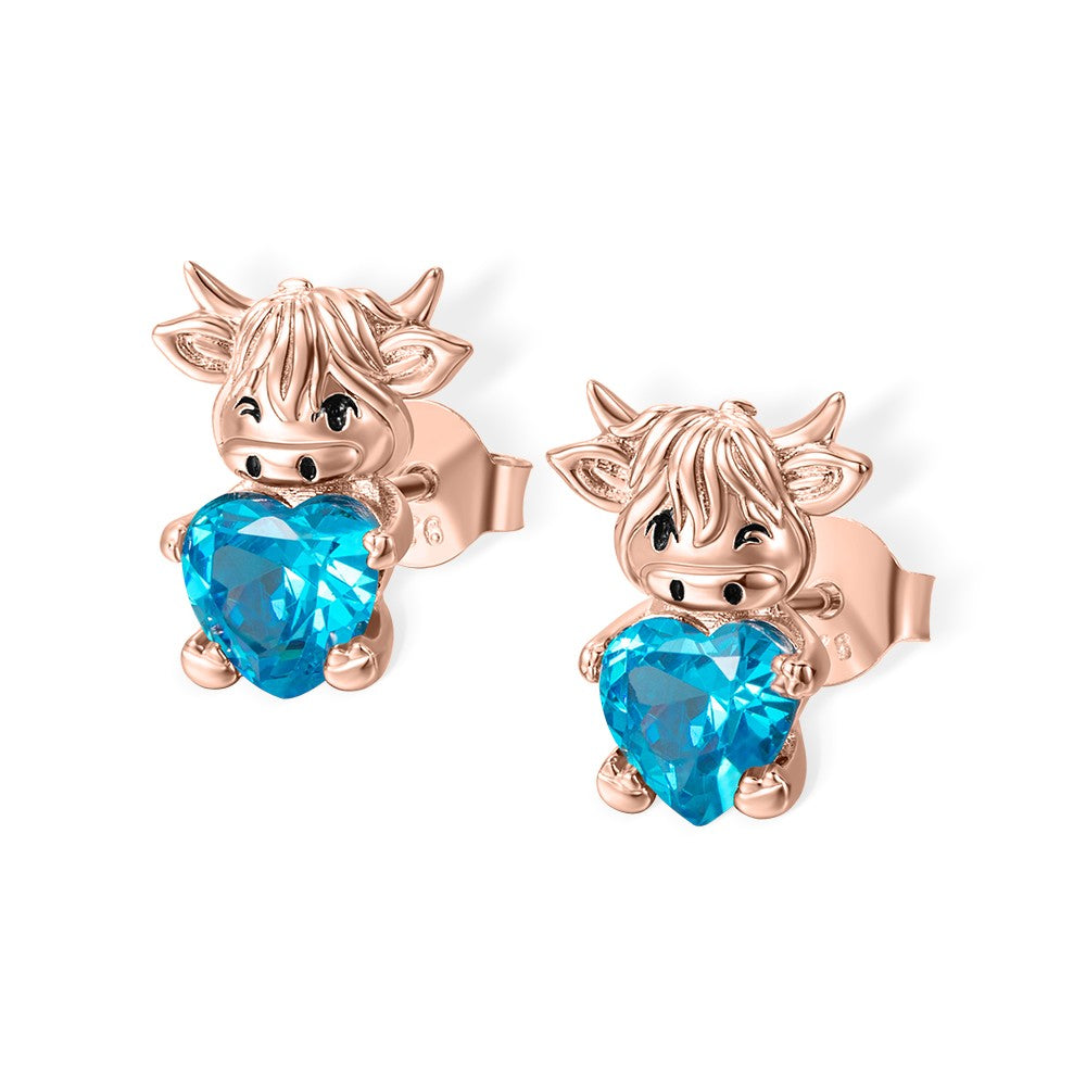 Custom Birthstone Highland Cow Stud Earrings, Sterling Silver 925 Scottish Highland Cow Animal Earrings, Birthday/Anniversary Gift for Women/Girls