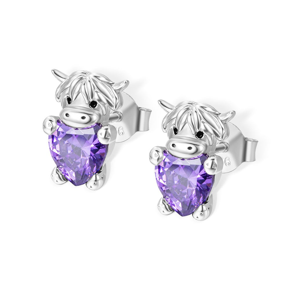 Custom Birthstone Highland Cow Stud Earrings, Sterling Silver 925 Scottish Highland Cow Animal Earrings, Birthday/Anniversary Gift for Women/Girls
