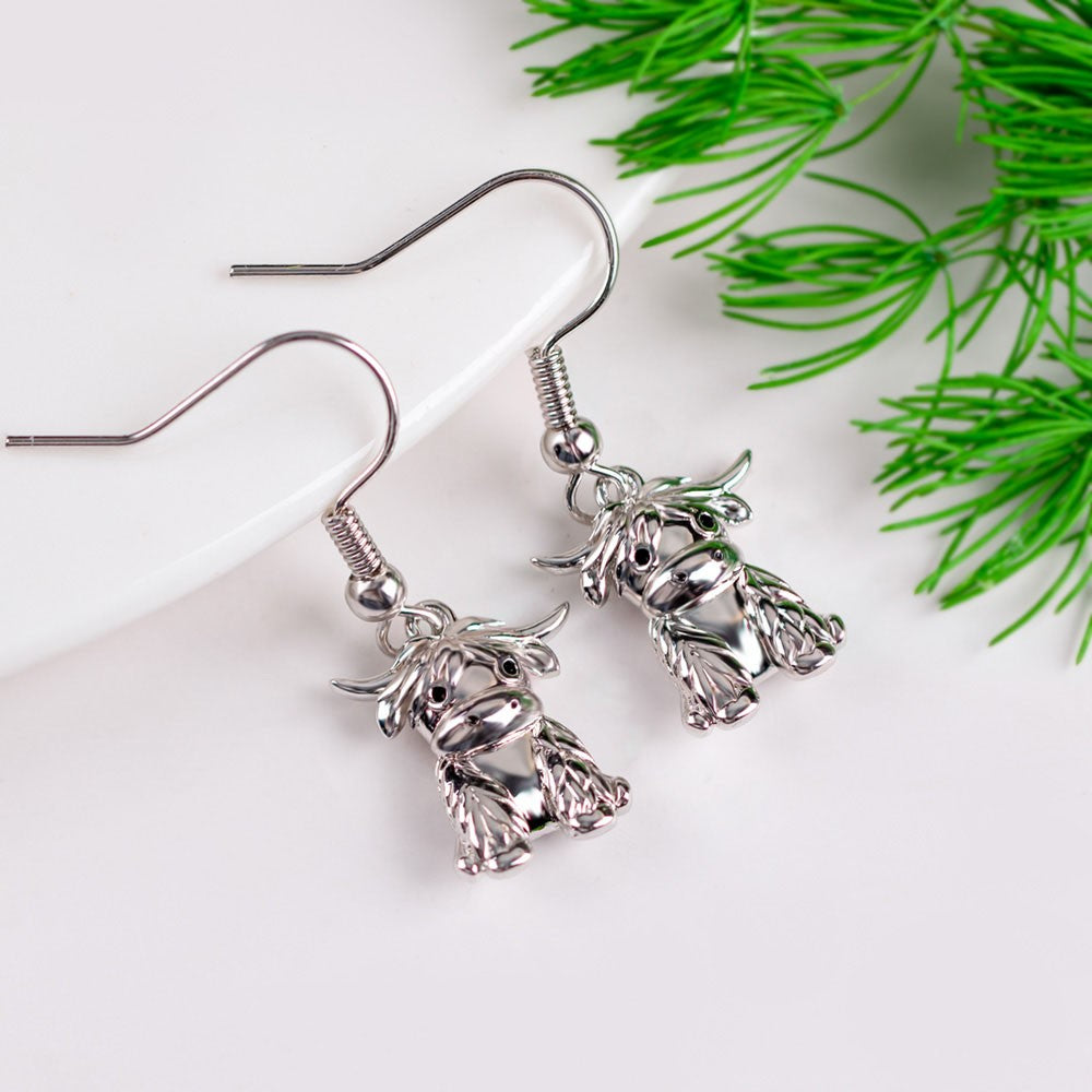 Highland Cow Dangle Earrings, Sterling Silver/Brass Animal Earrings, Women's Jewelry, Christmas/Birthday/Anniversary Gifts for Women/Girls/Cow Lovers