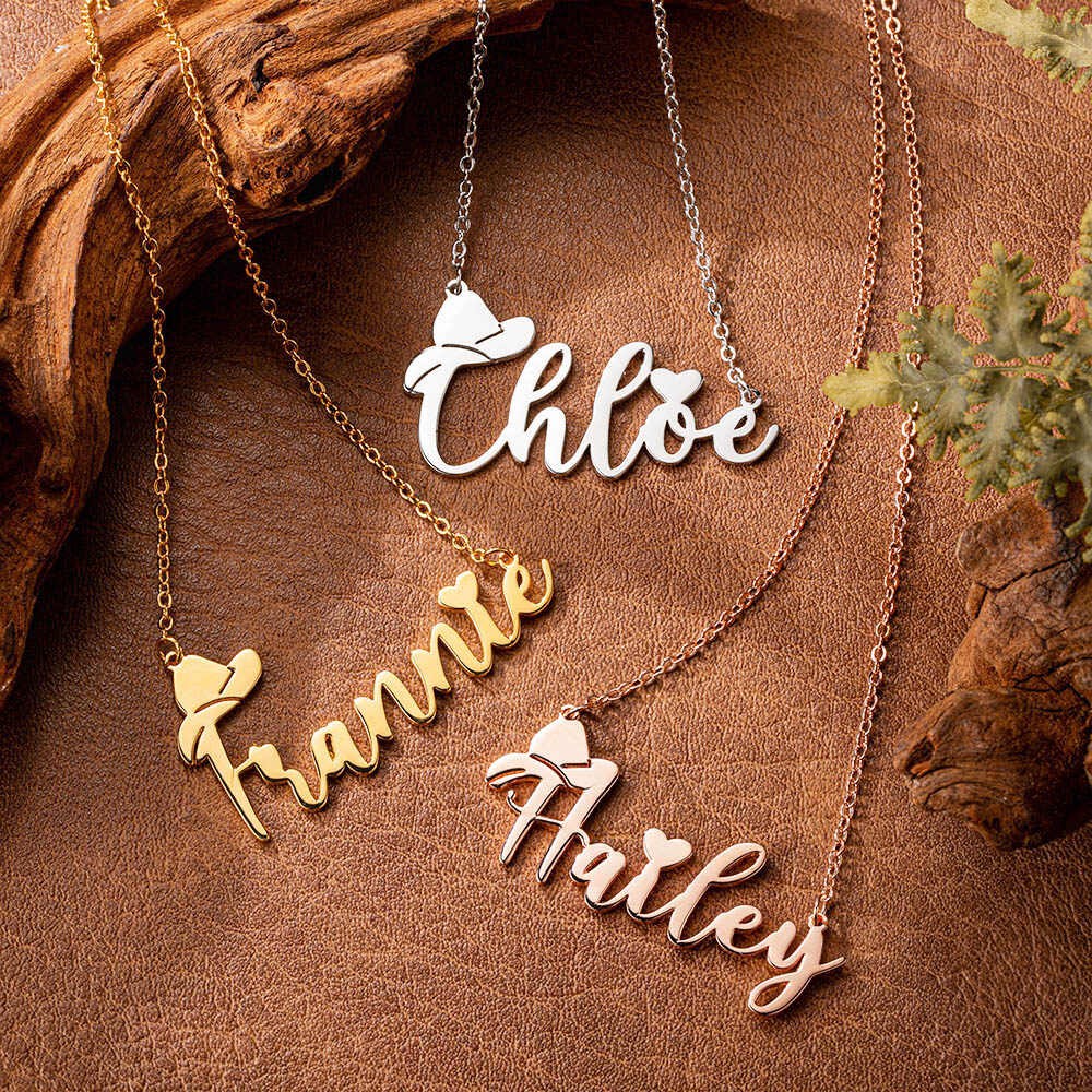 Personalized Name Necklace with Cowboy Hat, Cowboy Fashion, Cowboy Necklace, Name Necklace with Heart, Gift for Friend/Cowboy