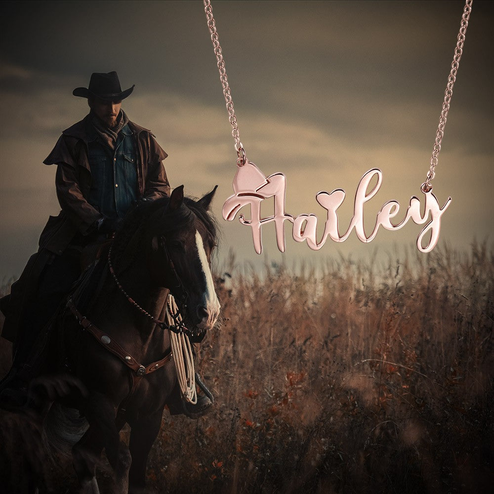 Personalized Name Necklace with Cowboy Hat, Cowboy Fashion, Cowboy Necklace, Name Necklace with Heart, Gift for Friend/Cowboy