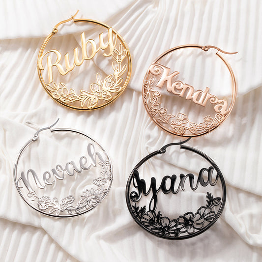 Custom Birthflower Earrings with Name, Personalized Name Hoop Earrings, Wreath Earrings, Mother's Gift, Gift for Women/Girls