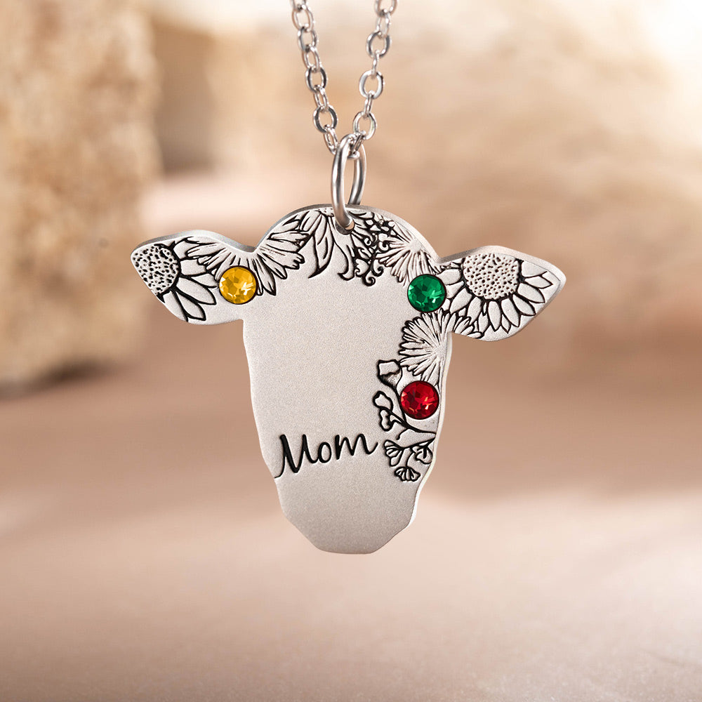 Custom Name and Birthstone Cow Necklace, Retro Bohemian Vintage Necklace, Cow Gifts for Women/Girls, Western Jewelry for Cowgirl