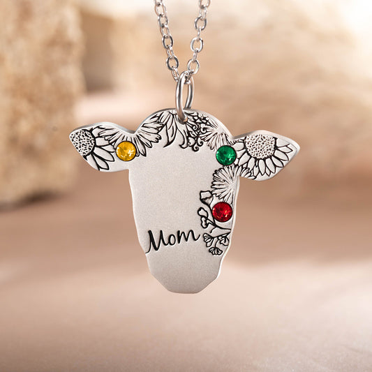 Custom Name and Birthstone Cow Necklace, Retro Bohemian Vintage Necklace, Cow Gifts for Women/Girls, Western Jewelry for Cowgirl