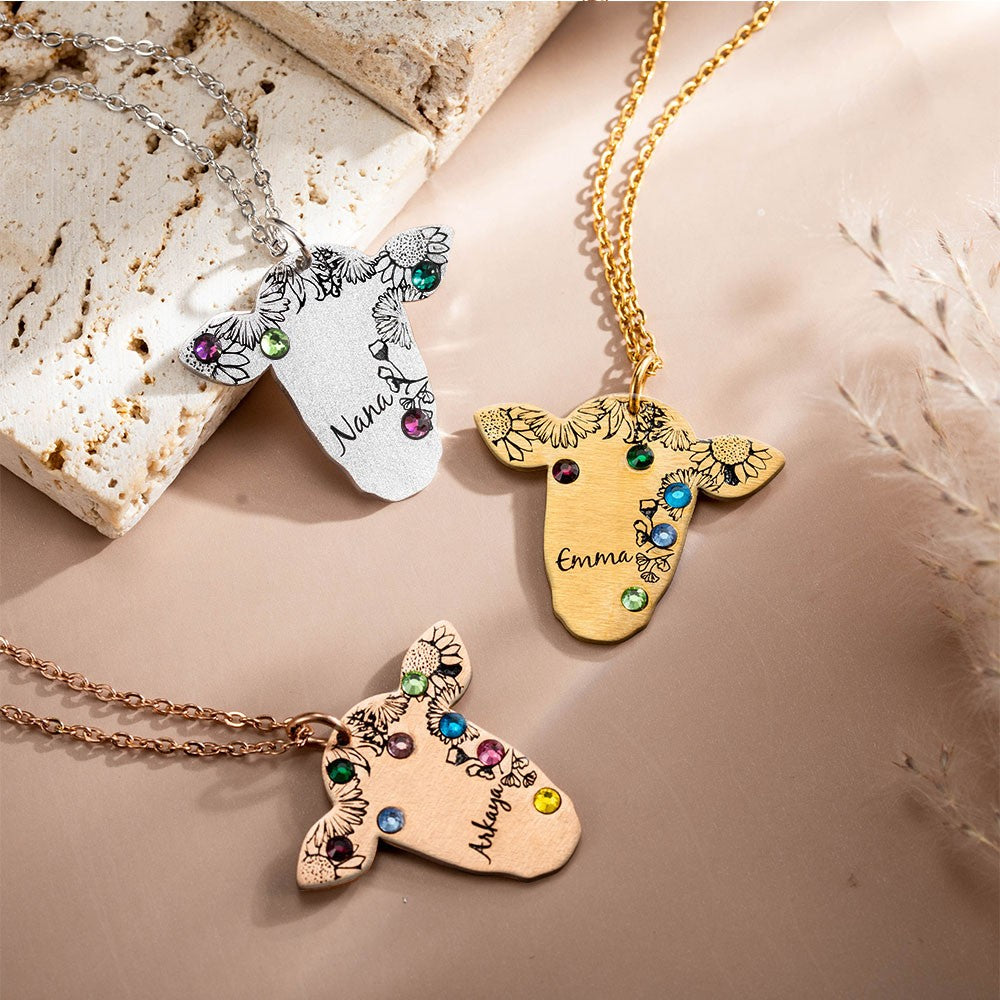 Custom Name and Birthstone Cow Necklace, Retro Bohemian Vintage Necklace, Cow Gifts for Women/Girls, Western Jewelry for Cowgirl