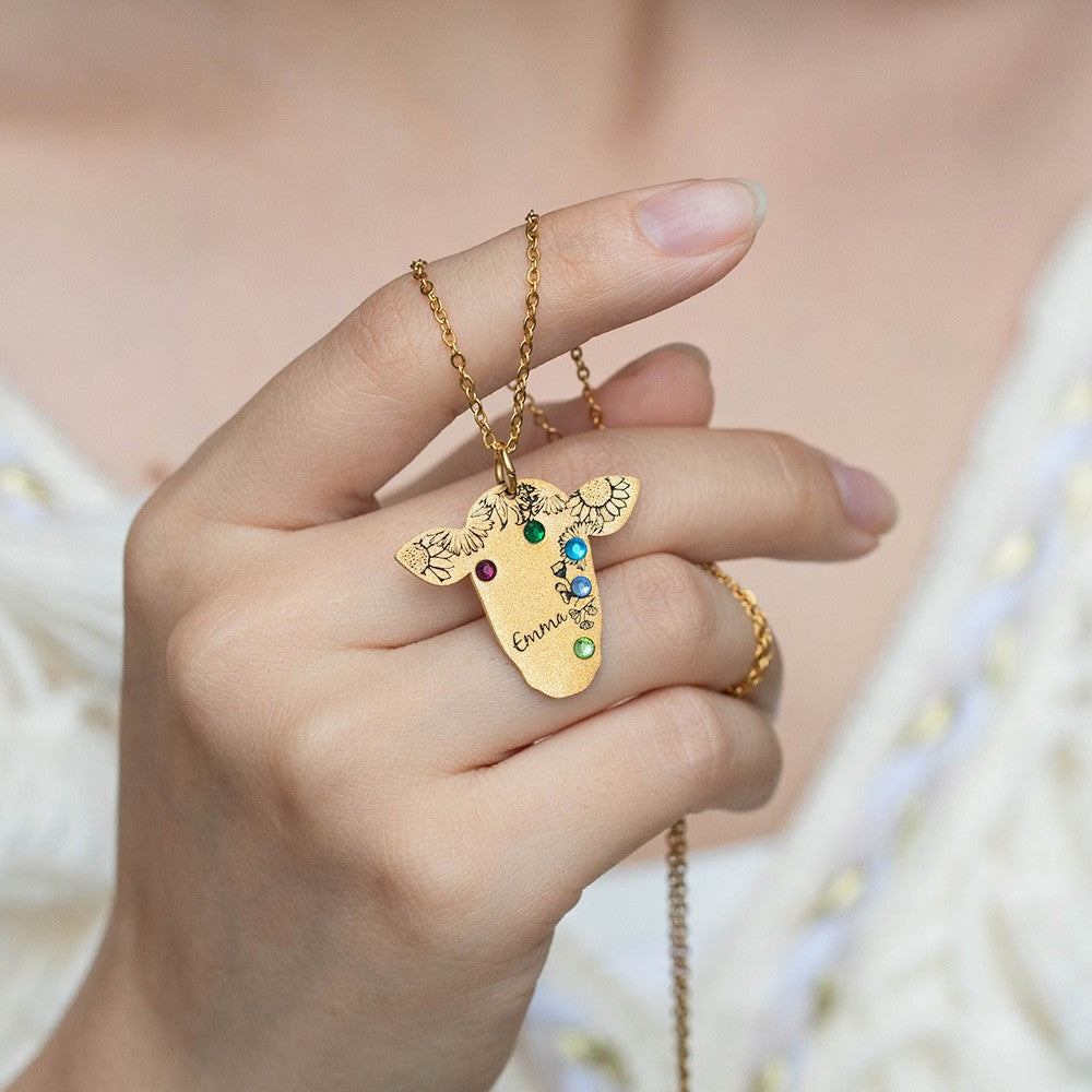 Custom Name and Birthstone Cow Necklace, Retro Bohemian Vintage Necklace, Cow Gifts for Women/Girls, Western Jewelry for Cowgirl