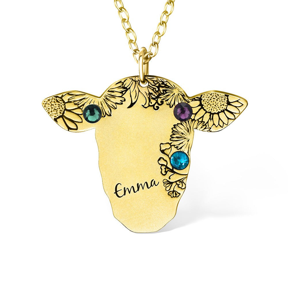 Custom Name and Birthstone Cow Necklace, Retro Bohemian Vintage Necklace, Cow Gifts for Women/Girls, Western Jewelry for Cowgirl