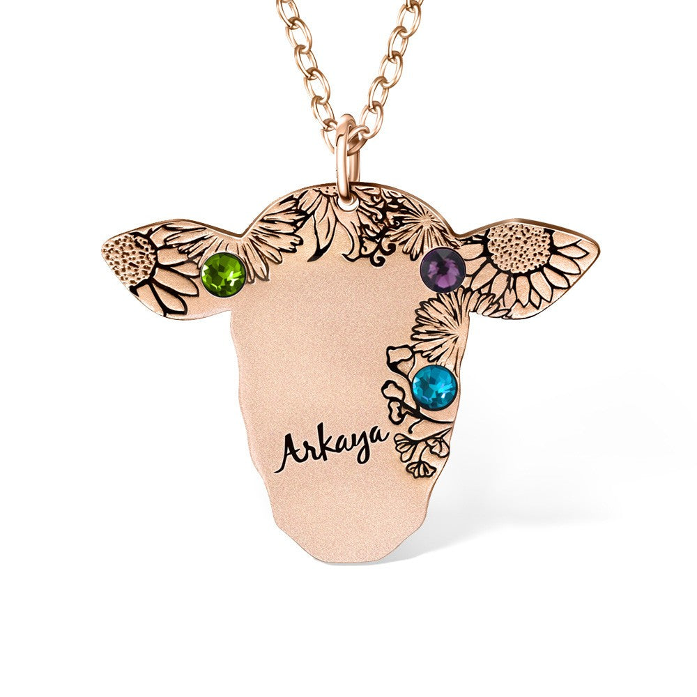 Custom Name and Birthstone Cow Necklace, Retro Bohemian Vintage Necklace, Cow Gifts for Women/Girls, Western Jewelry for Cowgirl