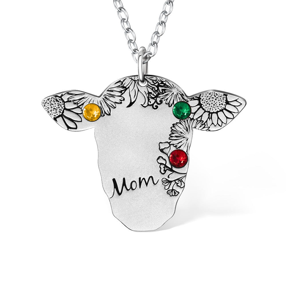 Custom Name and Birthstone Cow Necklace, Retro Bohemian Vintage Necklace, Cow Gifts for Women/Girls, Western Jewelry for Cowgirl