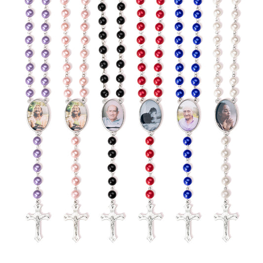 Personalized Multicolor Photo Rosary Beads Cross Necklace, Christening Religious Necklace, Memorial Remembrance Bereavement, Loss Gift for Women