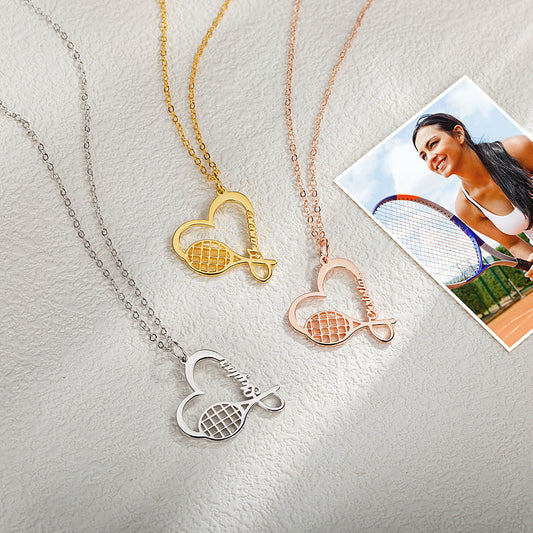 Personalized Name Tennis Racket Necklace, Silver Tennis Necklace with Heart Charm, Sports Necklace, Birthday Gifts, Gifts for Athlete/Sport Lovers