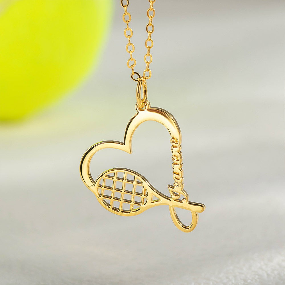 Personalized Name Tennis Racket Necklace, Silver Tennis Necklace with Heart Charm, Sports Necklace, Birthday Gifts, Gifts for Athlete/Sport Lovers