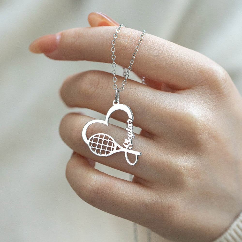 Personalized Name Tennis Racket Necklace, Silver Tennis Necklace with Heart Charm, Sports Necklace, Birthday Gifts, Gifts for Athlete/Sport Lovers