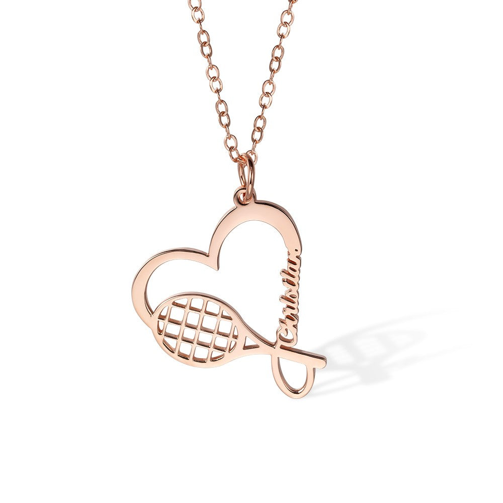 Personalized Name Tennis Racket Necklace, Silver Tennis Necklace with Heart Charm, Sports Necklace, Birthday Gifts, Gifts for Athlete/Sport Lovers