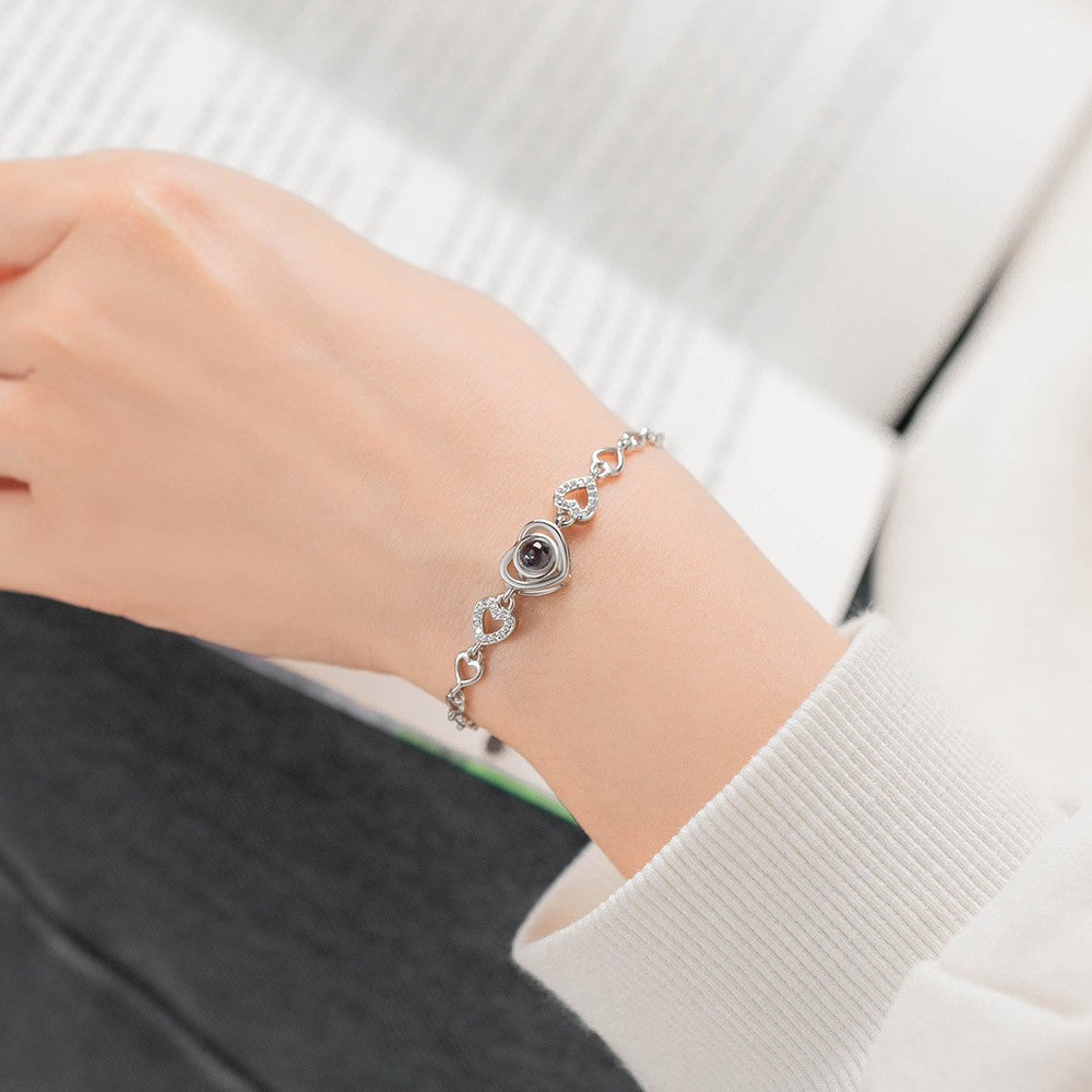 Custom Heart Photo Projection Bracelet, I Love You in 100 Languages, Dainty Memorial Picture Inside Bracelet, Birthday Valentine's Day Gift for Her