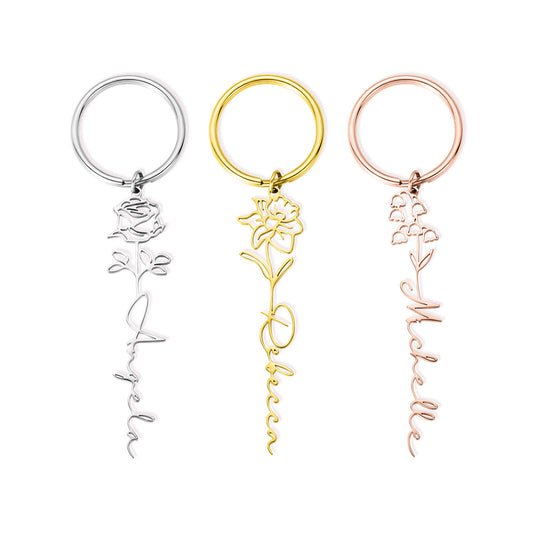 Personalized Name Birth Flower Keychain, Stainless Steel Dainty Keyring for Tote/Purse/Bag, Birthday/Mother's Day/Christmas/Bridesmaid Gift for Her