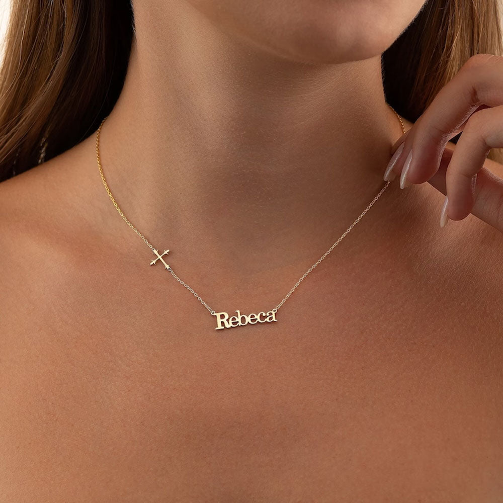 Custom Sideway Cross Name Necklace, Minimalist Cross Necklace, Cross Necklace Women, Script Name Necklace