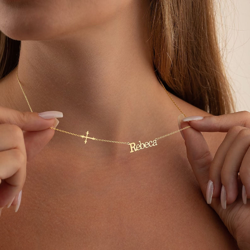 Custom Sideway Cross Name Necklace, Minimalist Cross Necklace, Cross Necklace Women, Script Name Necklace