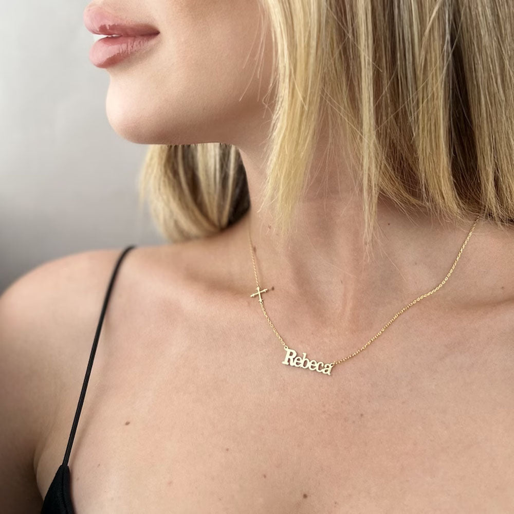Custom Sideway Cross Name Necklace, Minimalist Cross Necklace, Cross Necklace Women, Script Name Necklace