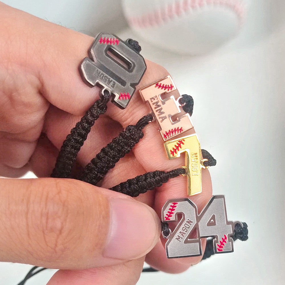 Personalized Adjustable Braided Baseball Bracelet with Name Number, Baseball/Softball Jewelry, Birthday Gift for Baseball Player/Enthusiasts