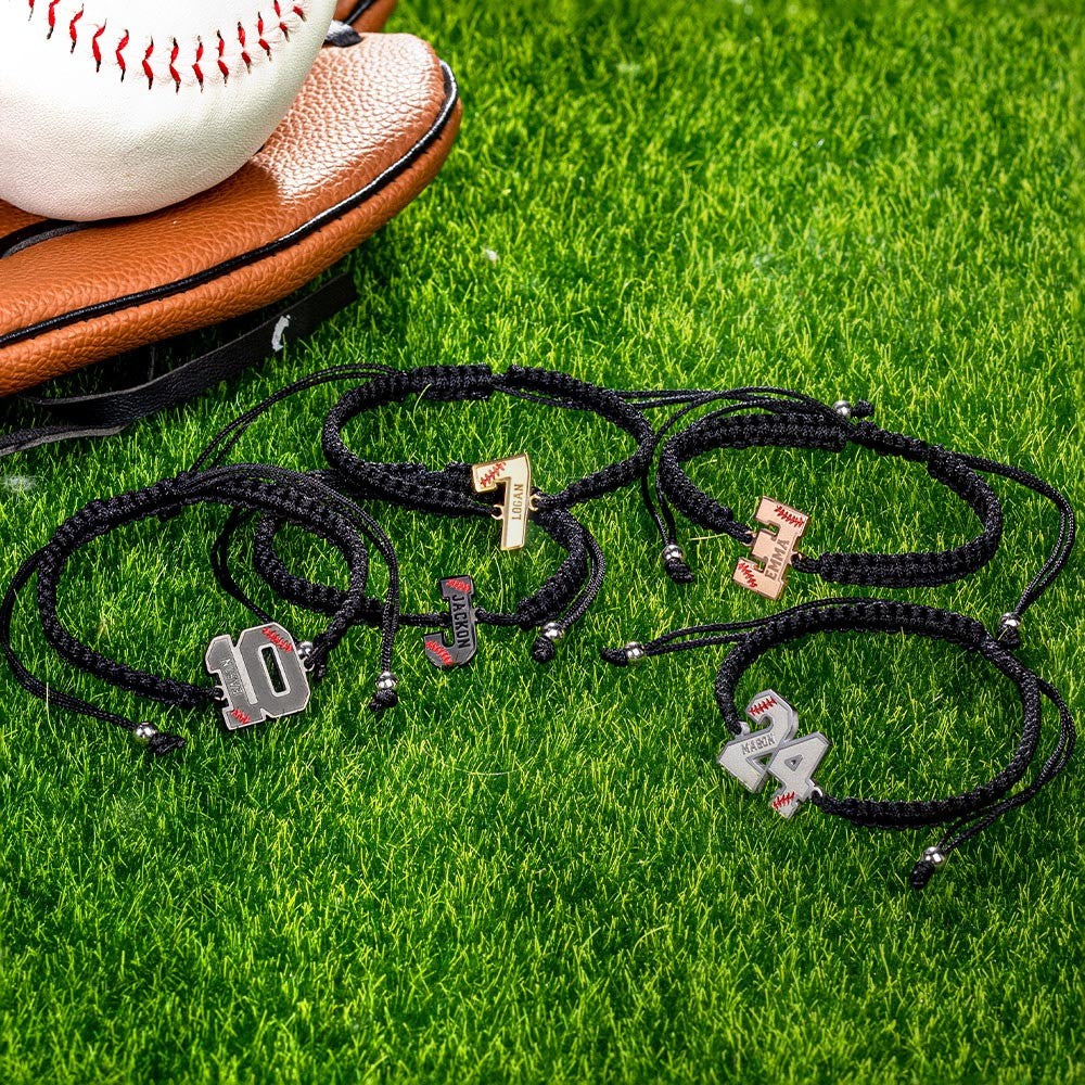 Personalized Adjustable Braided Baseball Bracelet with Name Number, Baseball/Softball Jewelry, Birthday Gift for Baseball Player/Enthusiasts