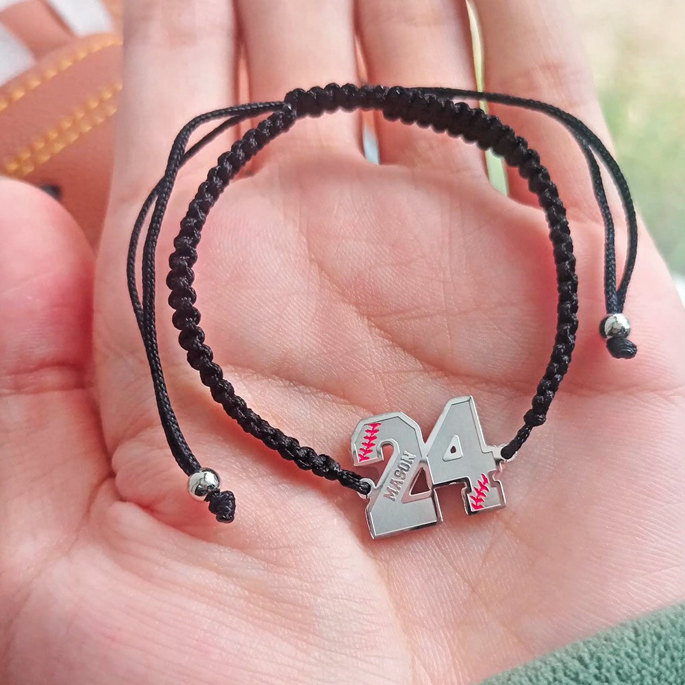 Personalized Adjustable Braided Baseball Bracelet with Name Number, Baseball/Softball Jewelry, Birthday Gift for Baseball Player/Enthusiasts