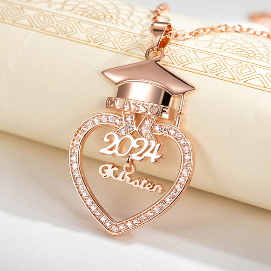 Personalized Bachelor Hat Graduation Necklace with Zircon, Custom Name Heart Charm Silver Necklace, 2024 Graduation Gift for Graduate/Daughter/Sister