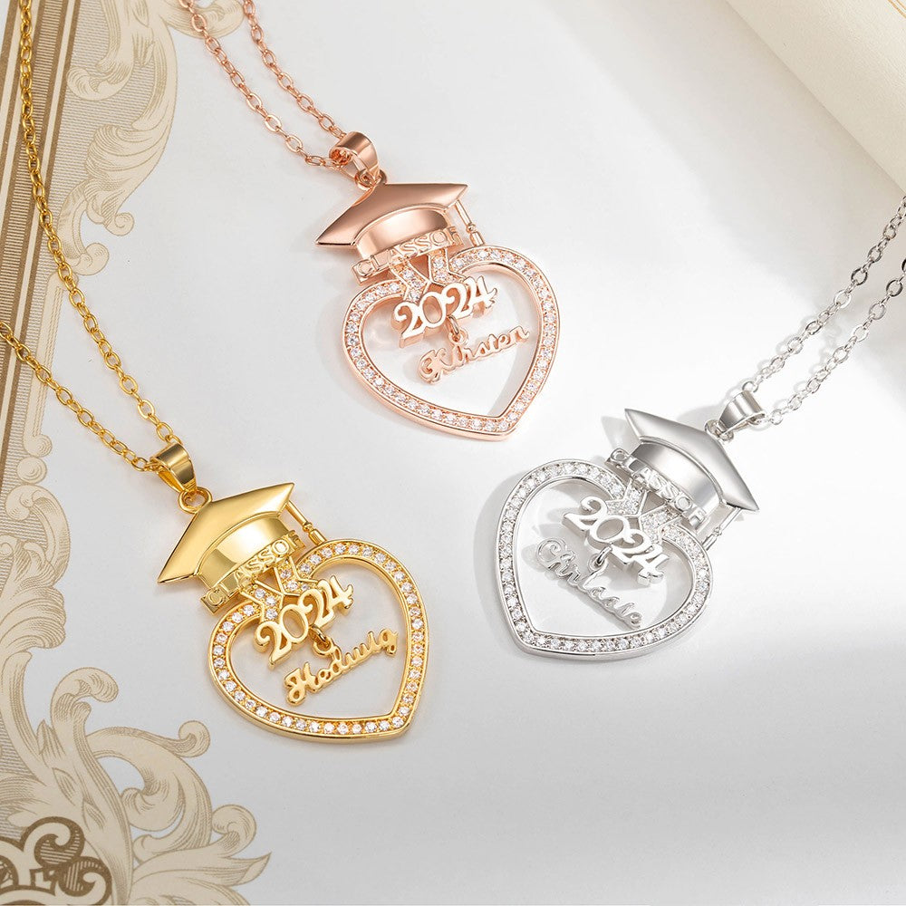 Personalized Bachelor Hat Graduation Necklace with Zircon, Custom Name Heart Charm Silver Necklace, 2024 Graduation Gift for Graduate/Daughter/Sister