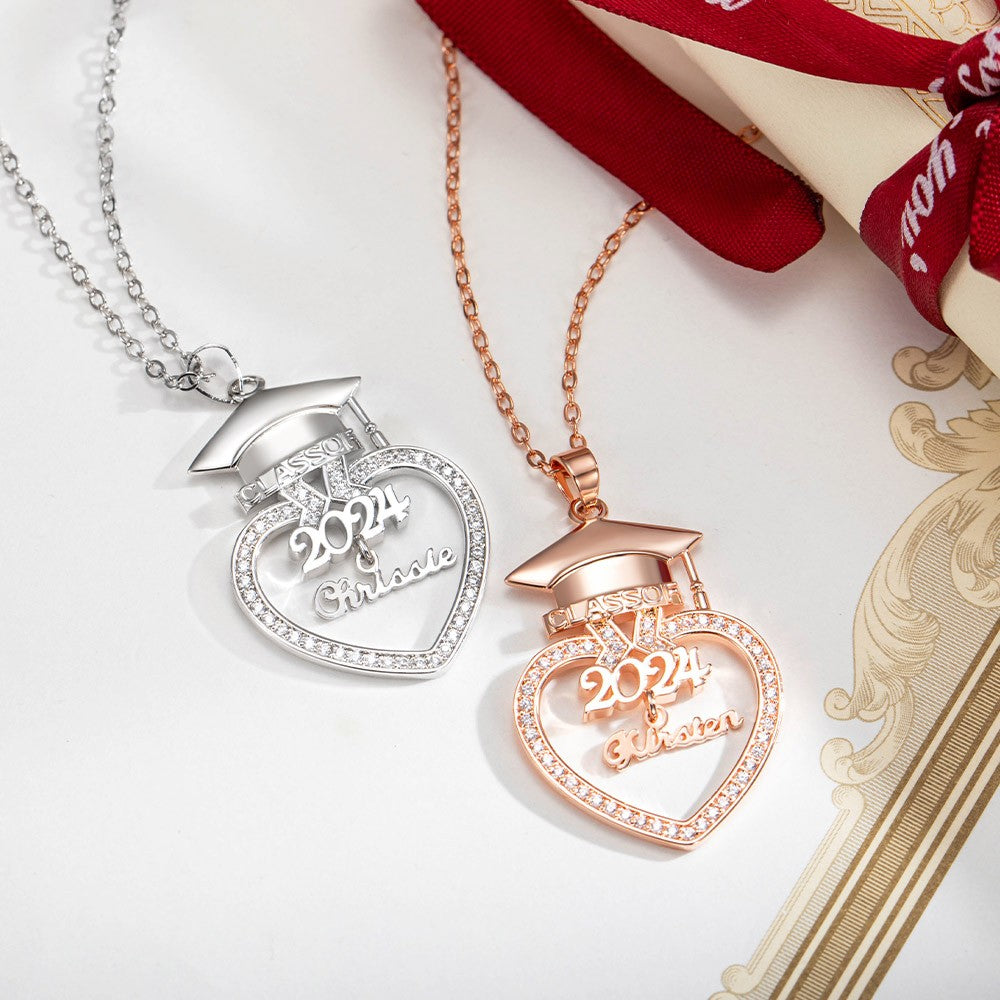 Personalized Bachelor Hat Graduation Necklace with Zircon, Custom Name Heart Charm Silver Necklace, 2024 Graduation Gift for Graduate/Daughter/Sister