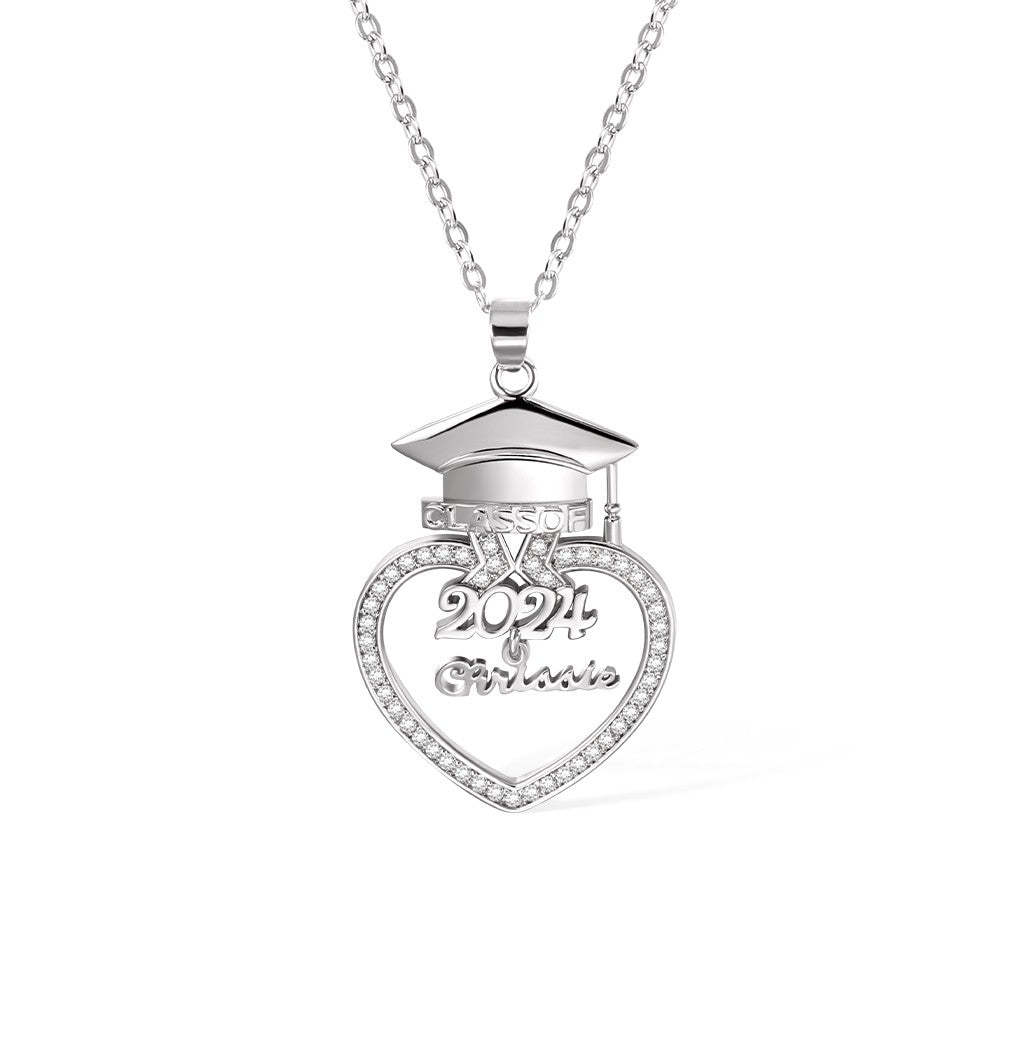 Personalized Bachelor Hat Graduation Necklace with Zircon, Custom Name Heart Charm Silver Necklace, 2024 Graduation Gift for Graduate/Daughter/Sister