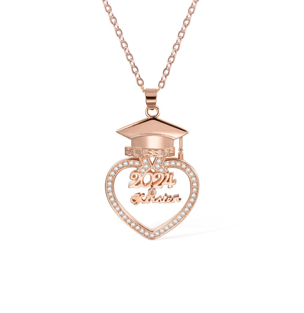 Personalized Bachelor Hat Graduation Necklace with Zircon, Custom Name Heart Charm Silver Necklace, 2024 Graduation Gift for Graduate/Daughter/Sister