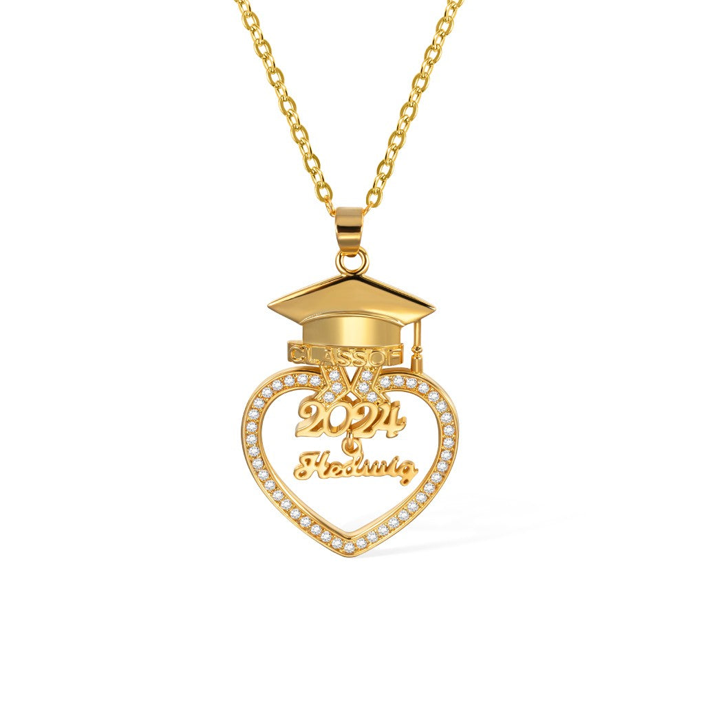 Personalized Bachelor Hat Graduation Necklace with Zircon, Custom Name Heart Charm Silver Necklace, 2024 Graduation Gift for Graduate/Daughter/Sister