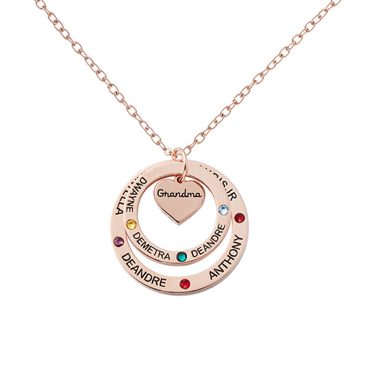 Birthstone Necklace with Heart & Ring Pendant, Necklace with Custom 1-7 Birthstones & Names, Jewelry for Grandma/Mother
