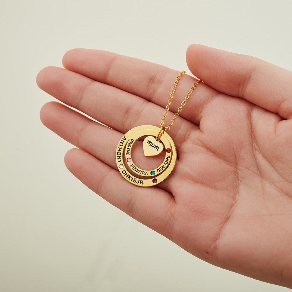 Birthstone Necklace with Heart & Ring Pendant, Necklace with Custom 1-7 Birthstones & Names, Jewelry for Grandma/Mother