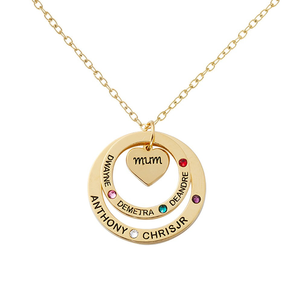 Birthstone Necklace with Heart & Ring Pendant, Necklace with Custom 1-7 Birthstones & Names, Jewelry for Grandma/Mother