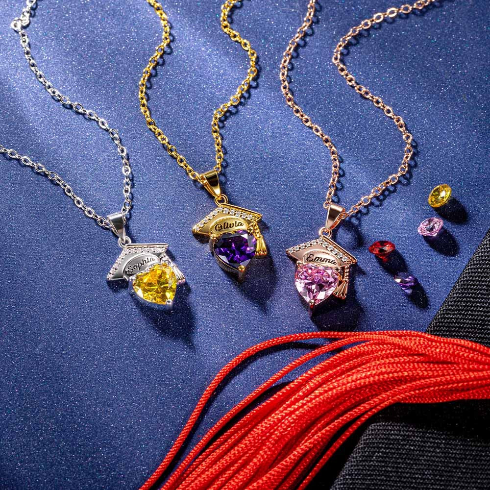 Custom Bachelor Hat Birthstone Heart Shaped Graduation Necklace, Sterling Silver 925 Jewelry, Class of 2024, Graduation Gift for Graduate Students