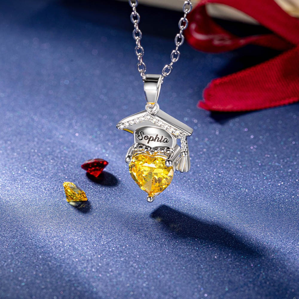Custom Bachelor Hat Birthstone Heart Shaped Graduation Necklace, Sterling Silver 925 Jewelry, Class of 2024, Graduation Gift for Graduate Students