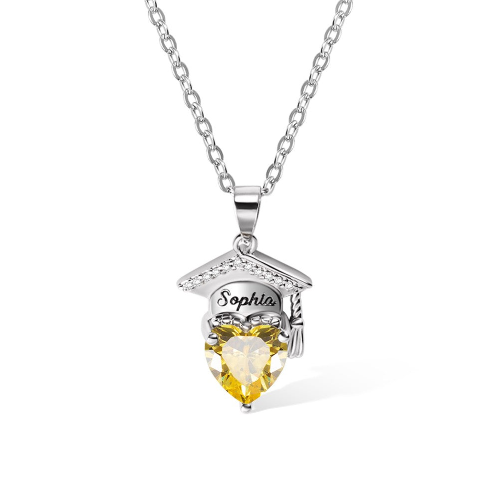 Custom Bachelor Hat Birthstone Heart Shaped Graduation Necklace, Sterling Silver 925 Jewelry, Class of 2024, Graduation Gift for Graduate Students
