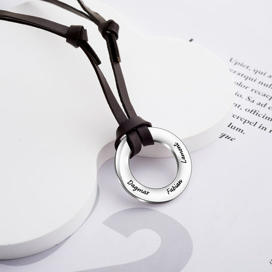 Custom Engraved 4 Names Circle Pendant Necklace with Leather Strap, S925 Family Names Hoop Men's Necklace, Father's Day/Anniversary Gift for Dad/Him