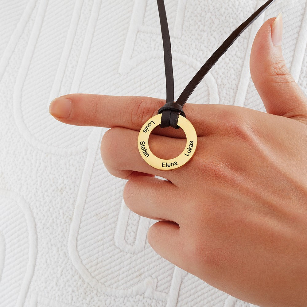 Custom Engraved 4 Names Circle Pendant Necklace with Leather Strap, S925 Family Names Hoop Men's Necklace, Father's Day/Anniversary Gift for Dad/Him
