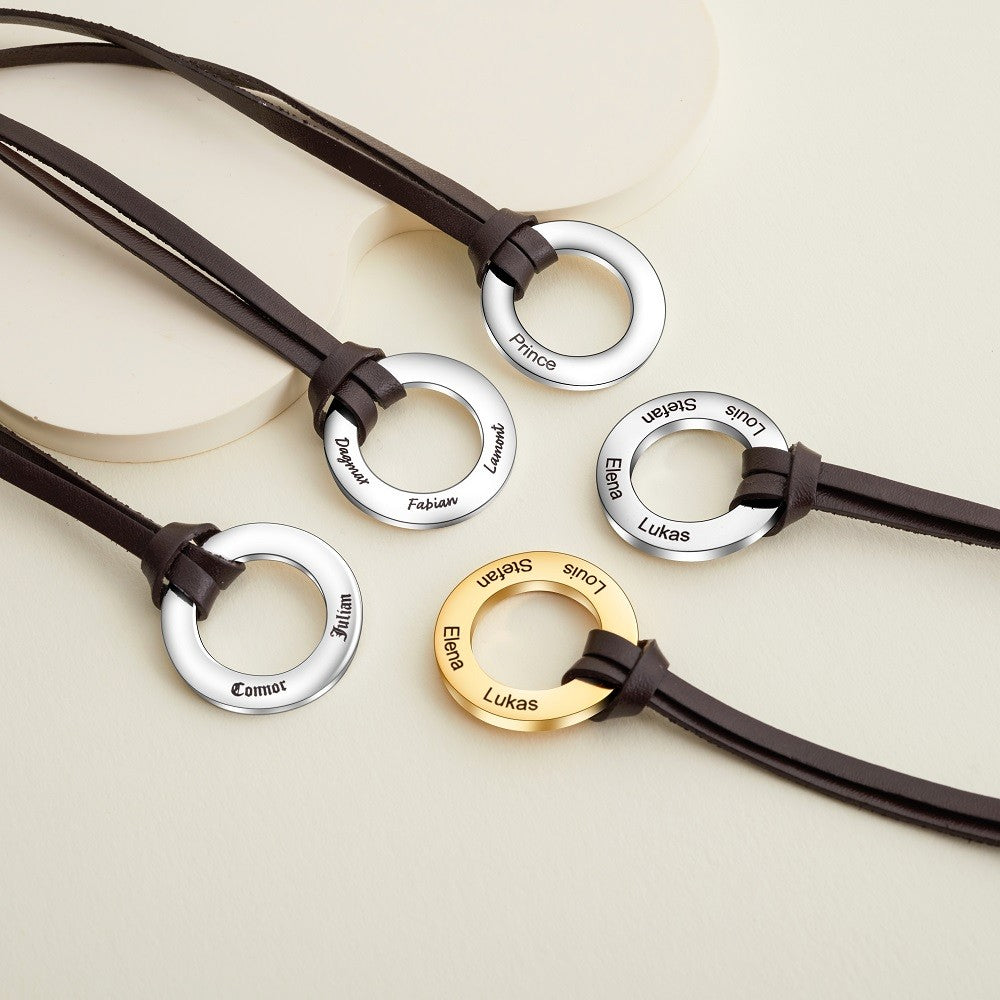 Custom Engraved 4 Names Circle Pendant Necklace with Leather Strap, S925 Family Names Hoop Men's Necklace, Father's Day/Anniversary Gift for Dad/Him