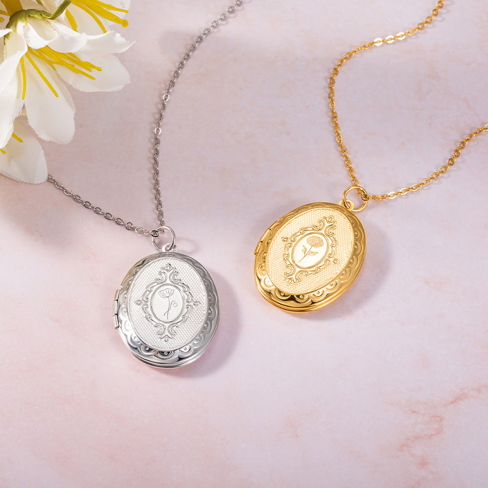 Personalized Birth Flower Oval Locket Necklace with Photo, Custom Picture Oval Necklace, Birthday/Anniversary/Mother's Day Gift for Mom/Her/Family