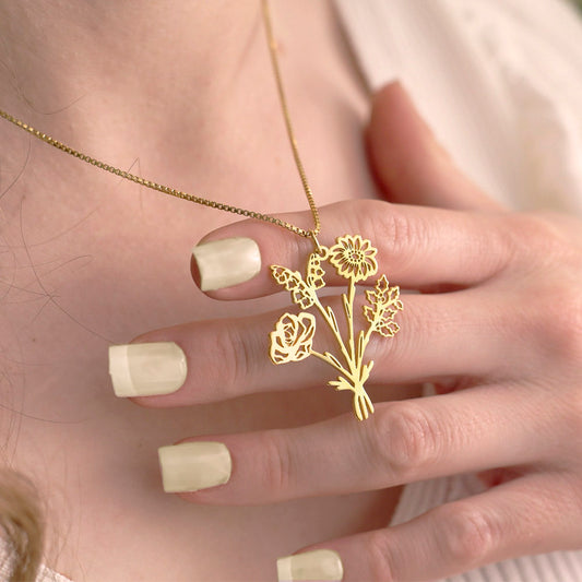 Custom Birthflower Bouquet Necklace, Family Necklace, Mother's Day/Birthday Gifts, Gifts for Grandma/Mom