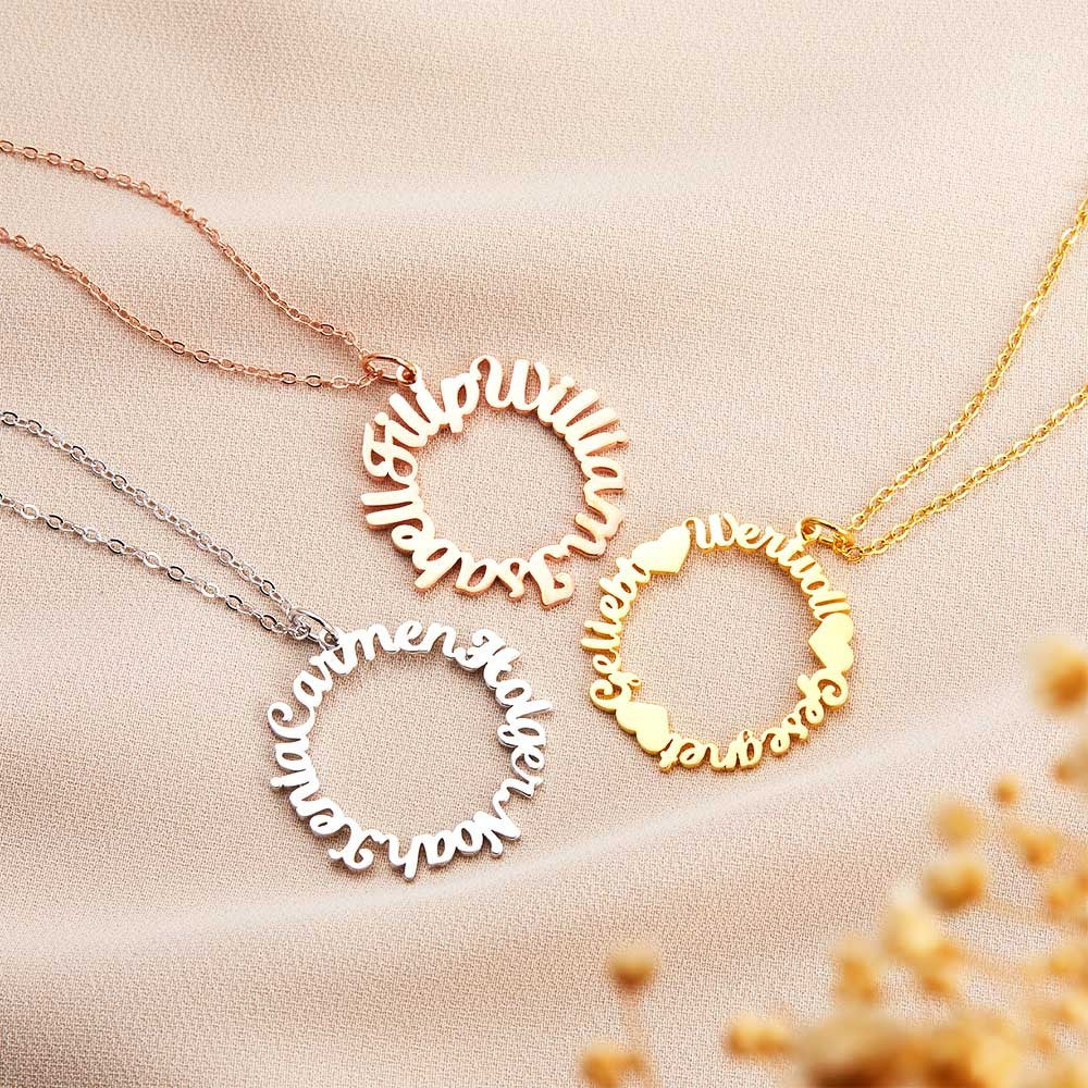 Personalized Name Vintage Circle Necklace, Custom Multiple Name Necklace, Mom Necklace, Women's Jewelry, Birthday Gift, Gift for Mom/Wife/Girlfriend