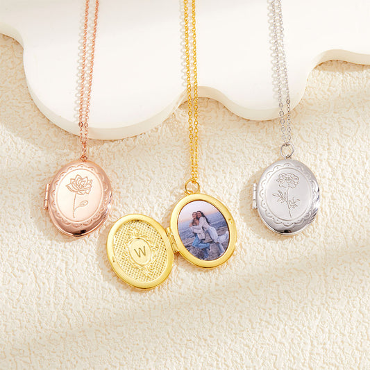 Personalized Photo & Initial Birth Flower Oval Locket Necklace, Custom Picture Oval Necklace, Birthday/Anniversary/Mother's Day Gift for Mom/Her