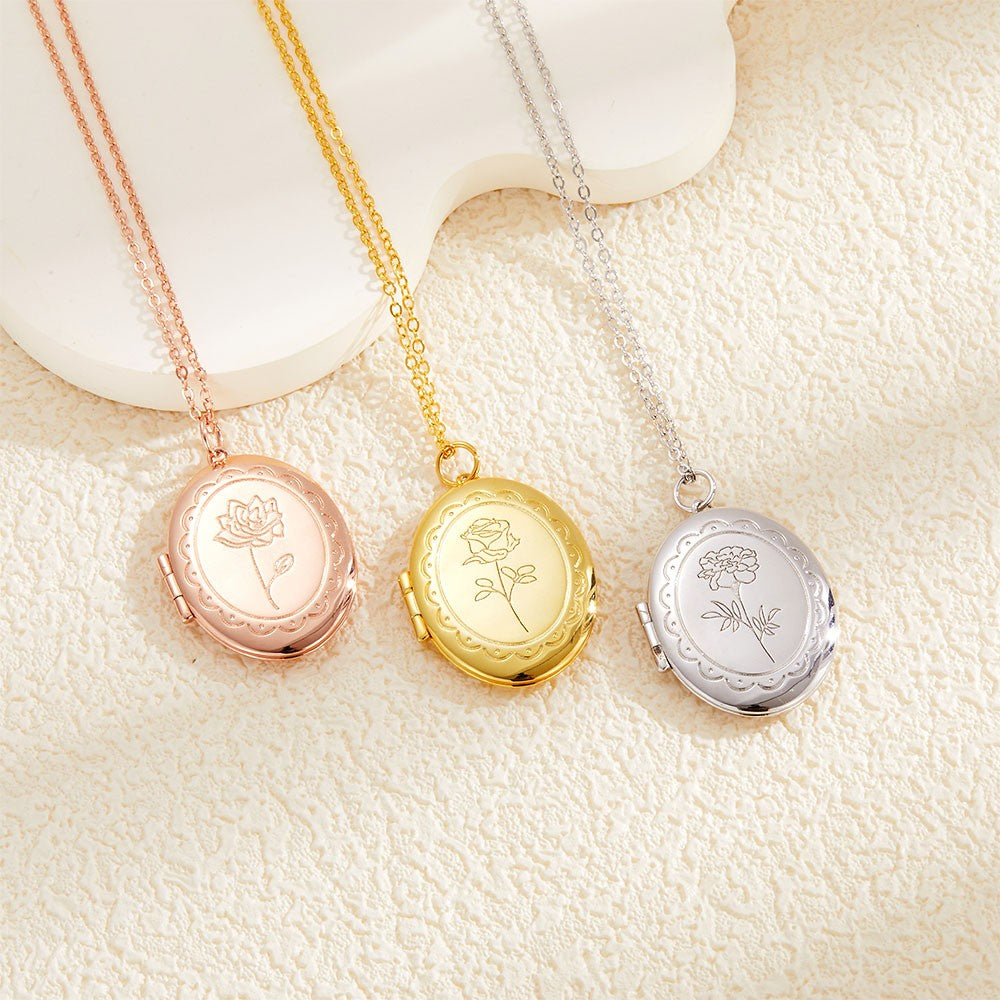 Personalized Photo & Initial Birth Flower Oval Locket Necklace, Custom Picture Oval Necklace, Birthday/Anniversary/Mother's Day Gift for Mom/Her